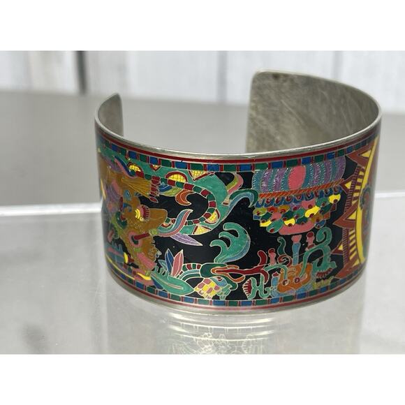 Artist Fernandez Rodriguez Mexico Enamel Aztec Theme Thick Cuff Bracelet - Picture 5 of 5